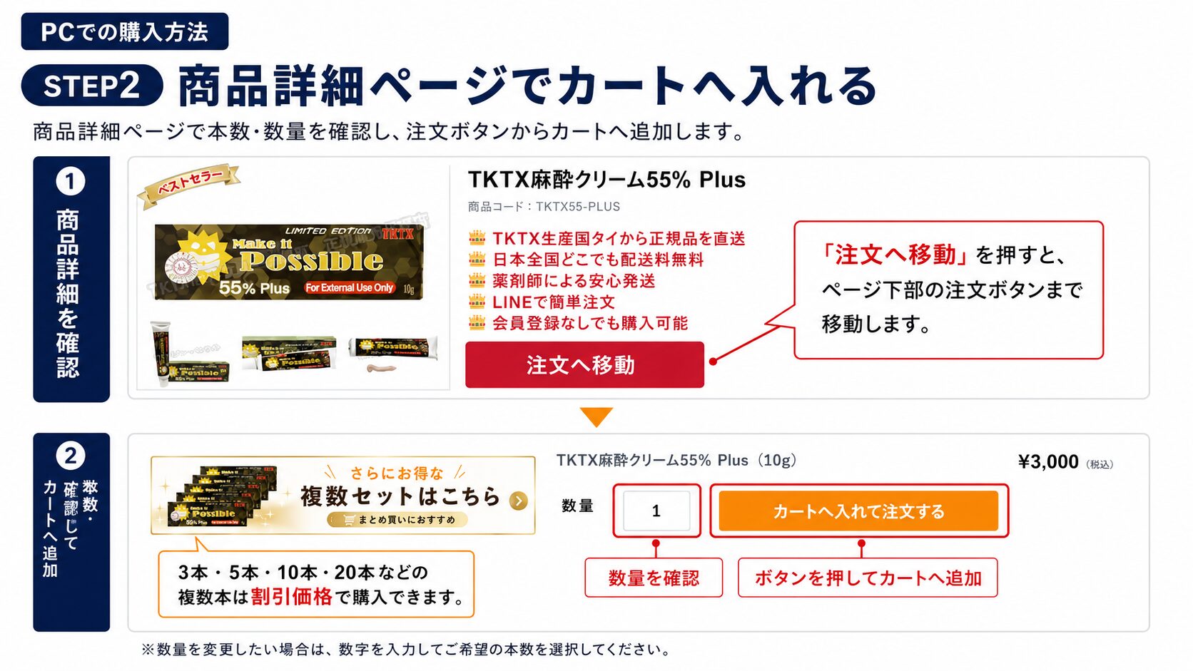 PCの商品詳細ページで注文欄へ移動してカートへ追加する方法