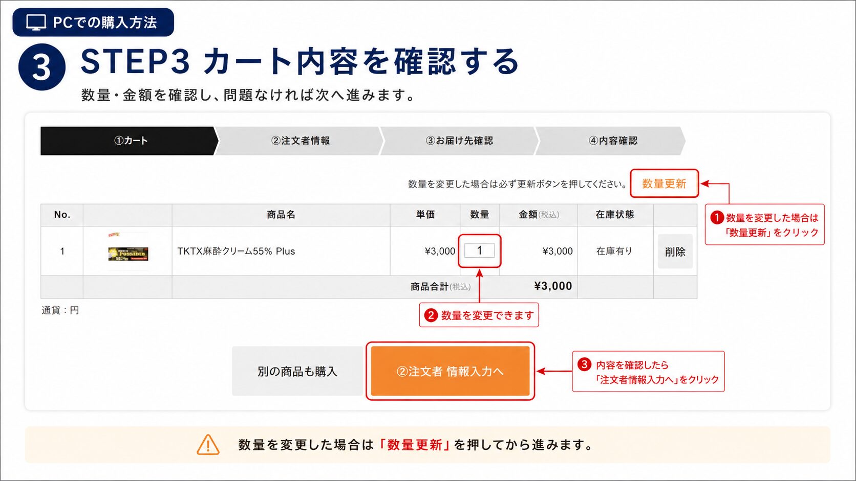 PCのカート画面で数量と金額を確認して注文者情報入力へ進む方法
