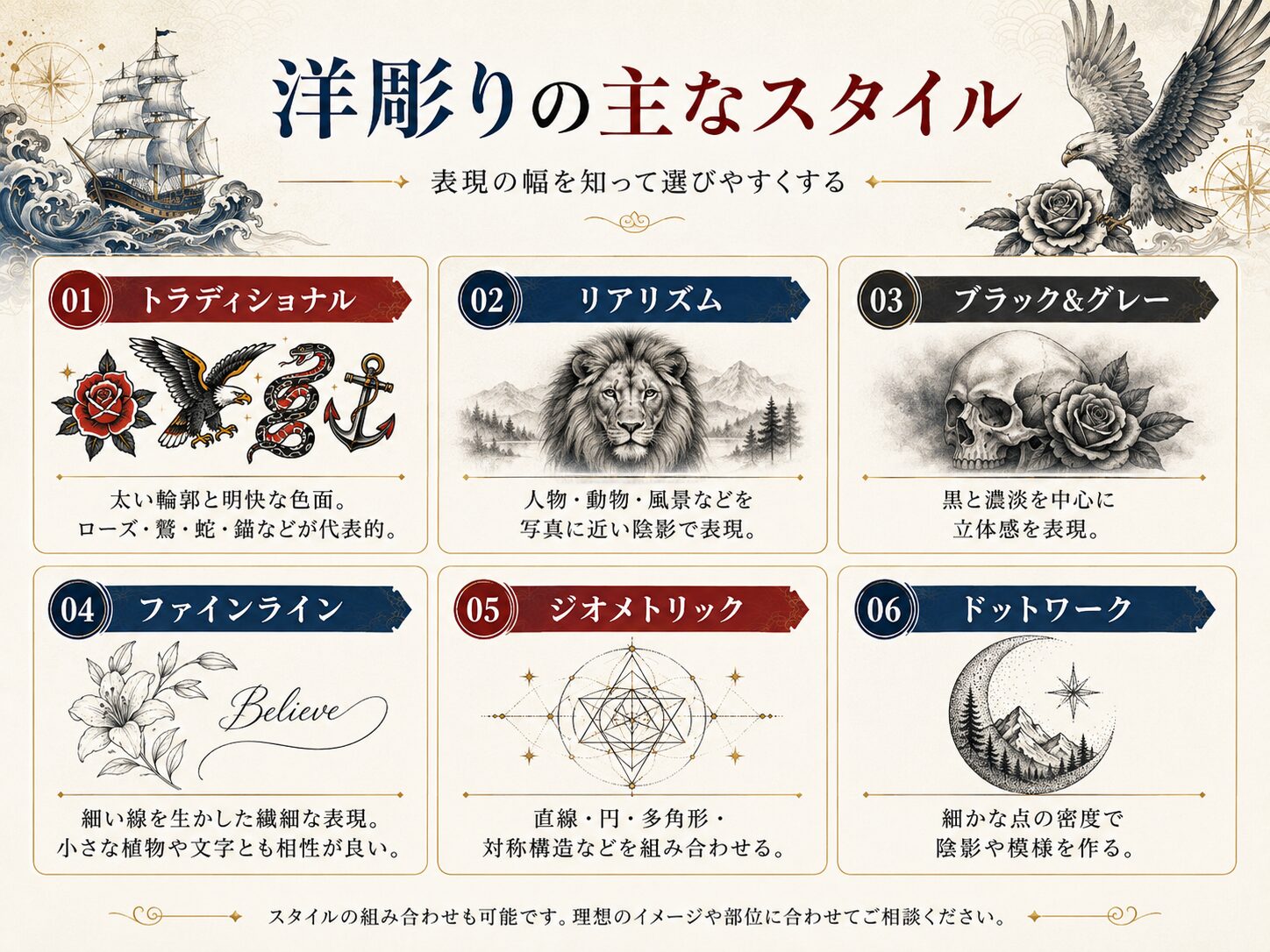 トラディショナル、リアリズム、ジオメトリック、ドットワークなど洋彫りの代表的なスタイル例