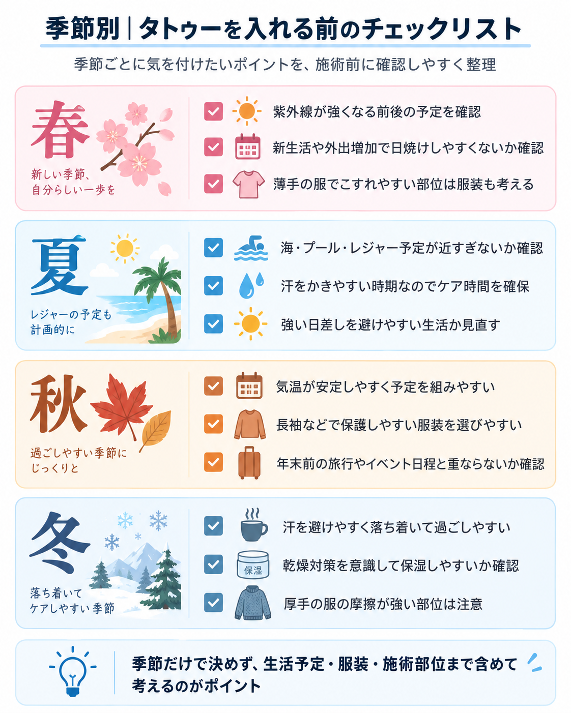 季節別|タトゥーを入れる前の春夏秋冬チェックリスト
