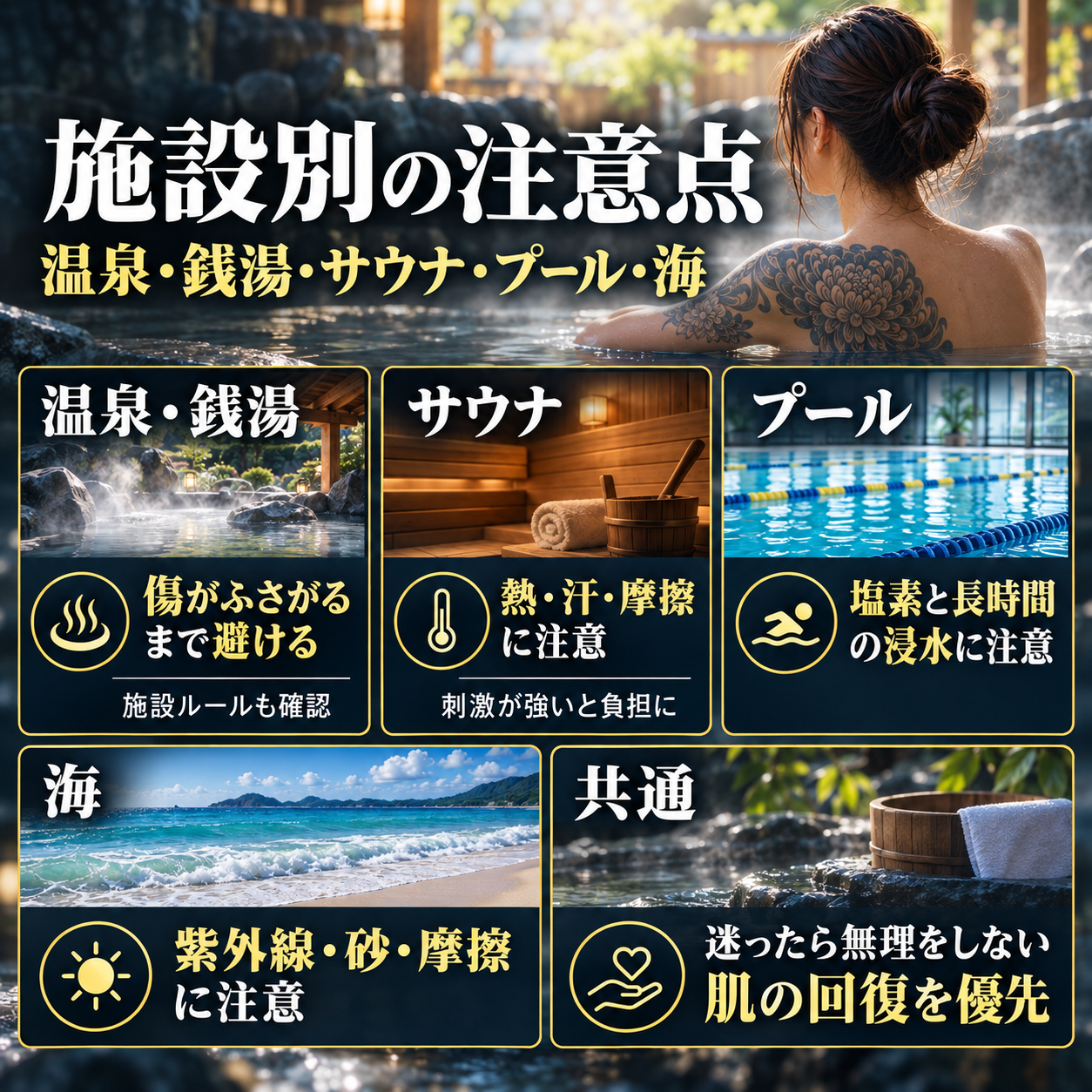 タトゥー後の温泉・銭湯・サウナ・プール・海の注意点を比較した図解