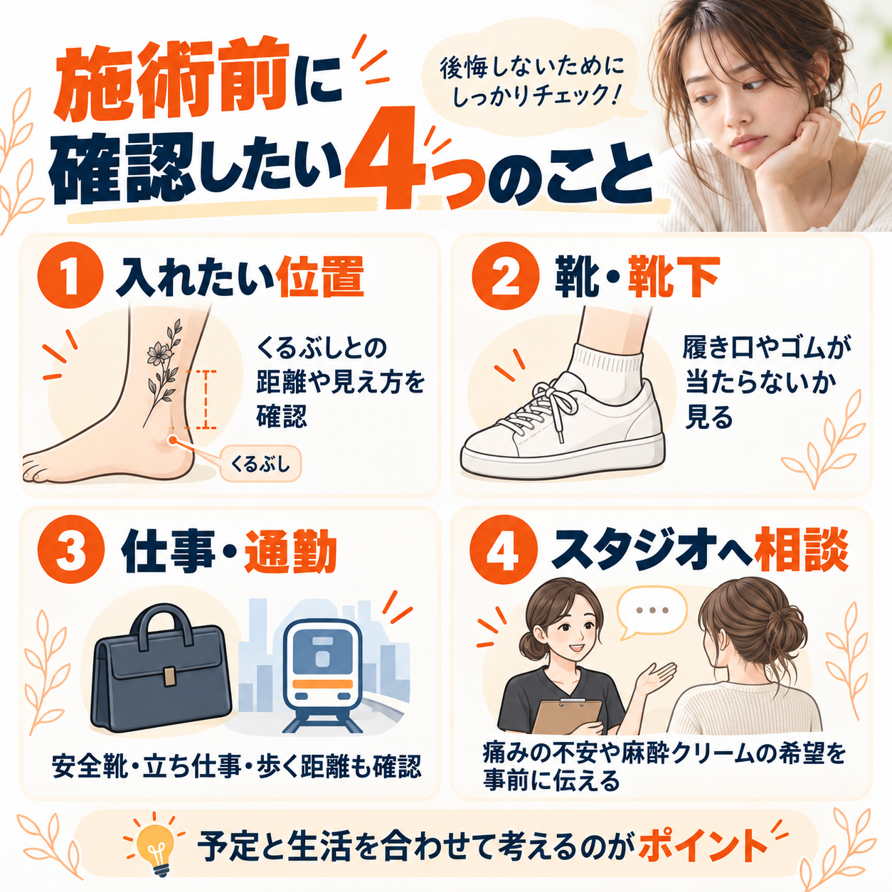 足首のタトゥーの痛みを考えるポイント。くるぶし周辺の位置、施術時間、感じ方の個人差を図解