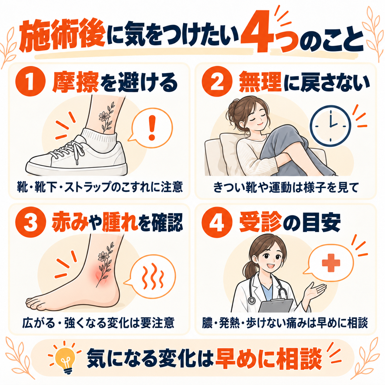 足首のタトゥー施術後の注意点。摩擦を避けること、靴や運動への復帰、赤みと腫れの変化、受診の目安