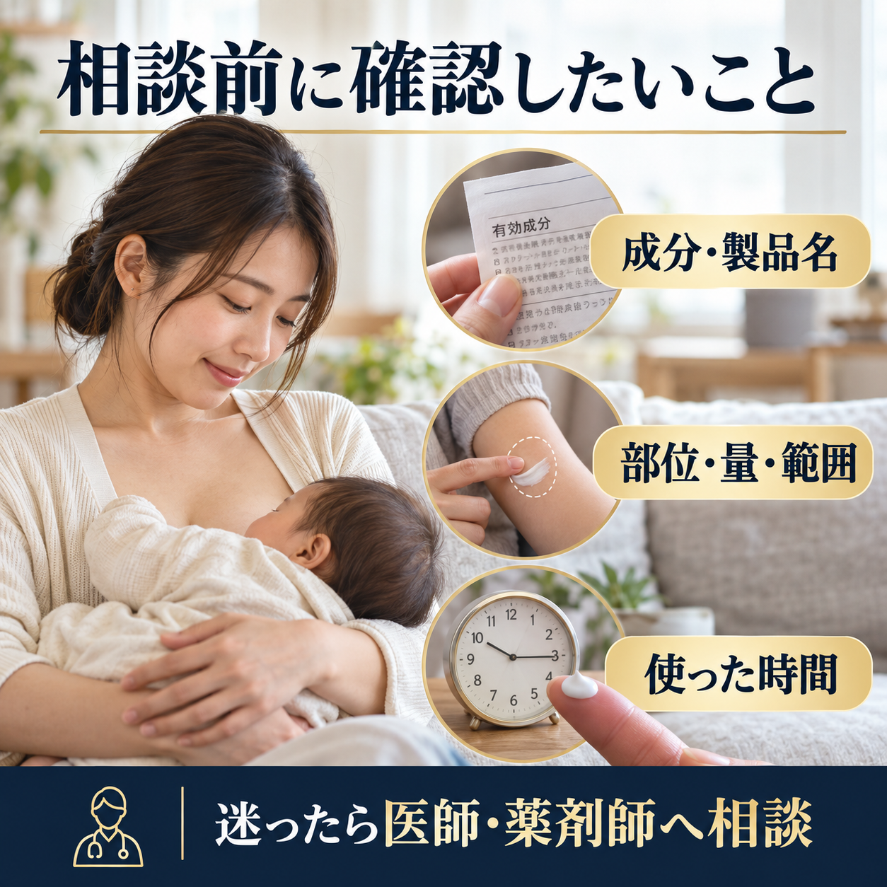 授乳中の麻酔クリームについて、製品名・成分、使用部位、量や範囲、使用時刻などを整理するための図解