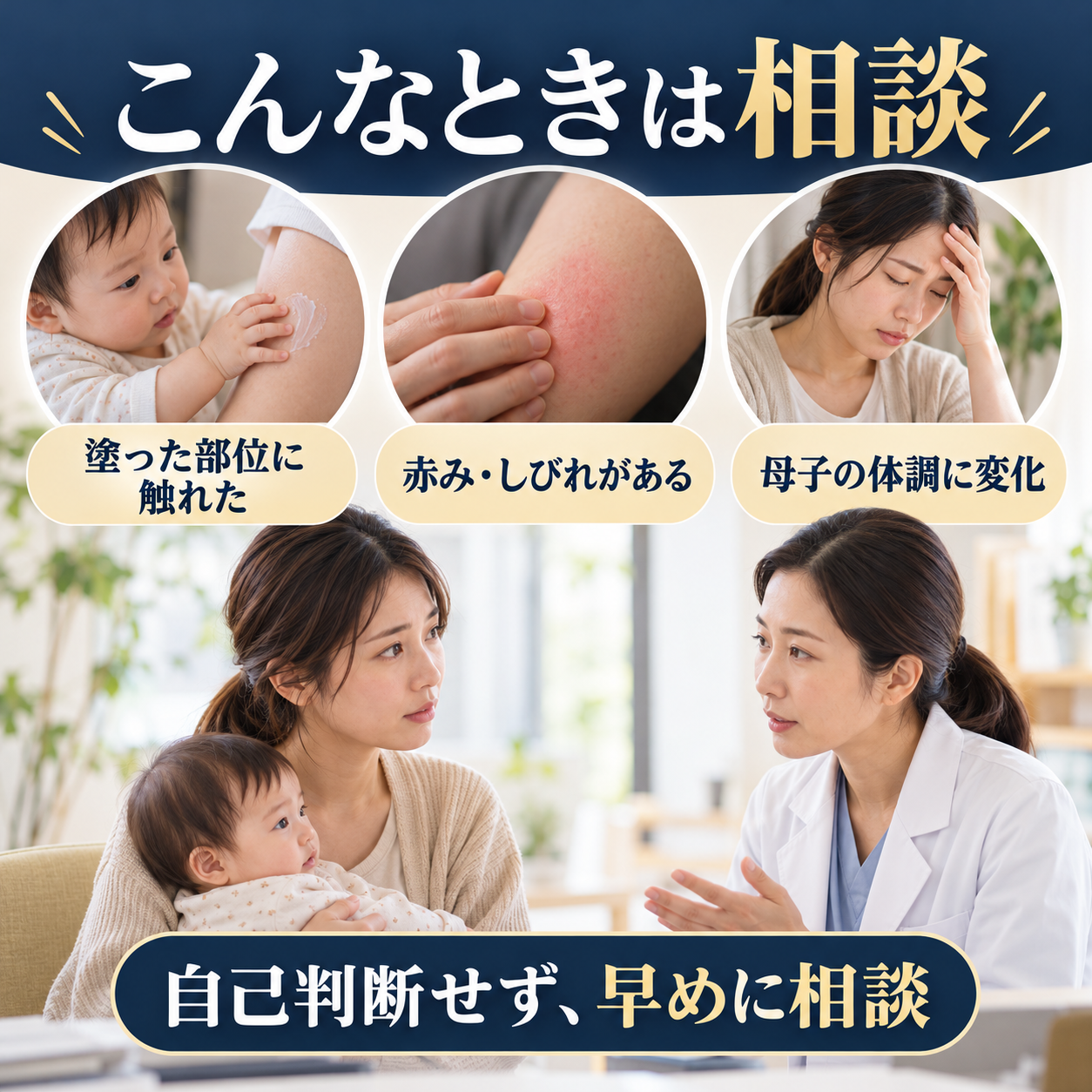 麻酔クリーム使用後に赤ちゃんが塗布部位に触れた場合や、母子の体調変化、皮膚の強い赤み・しびれなどがある場合の相談に関する図解