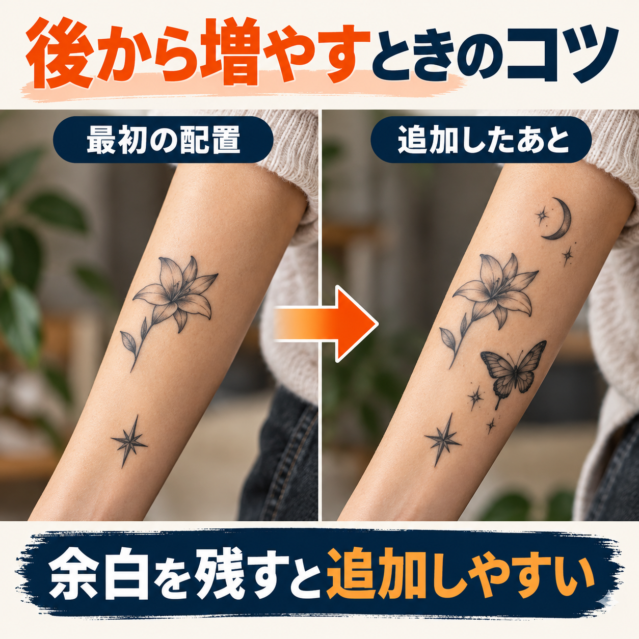 パッチワークタトゥーの最初の配置と図柄を後から追加した場合の比較イメージ
