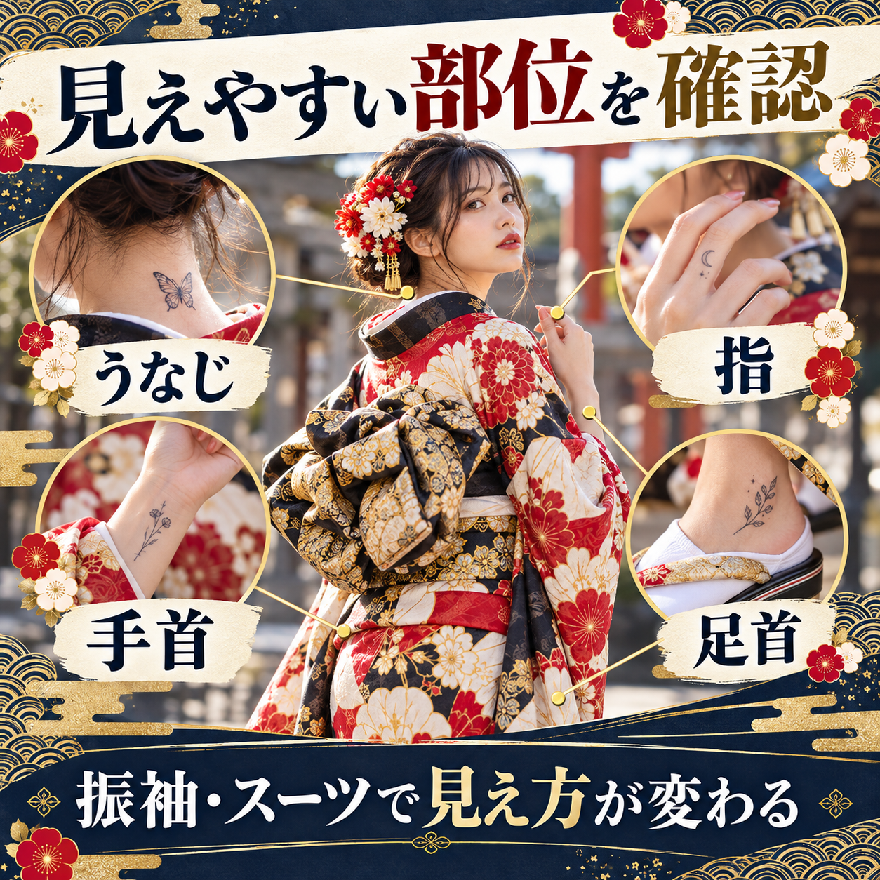成人式の振袖で見えやすいタトゥーの部位。うなじ、指、手首、足首の確認ポイント