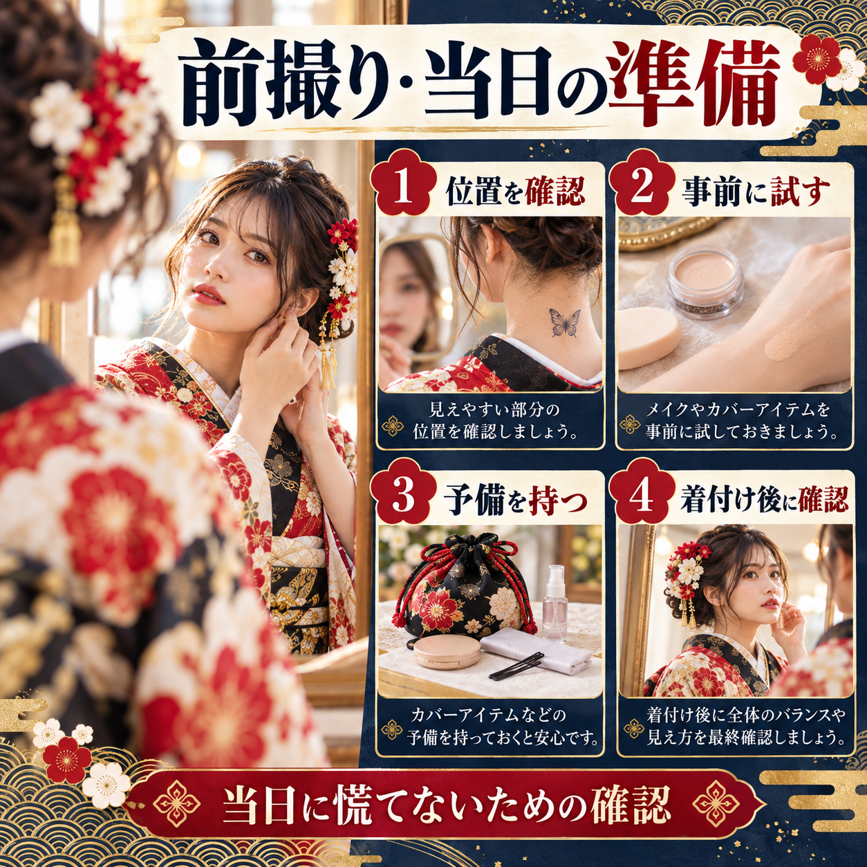 成人式の前撮りと当日までの準備。位置の確認、事前の試用、準備品の用意、着付け後の最終確認